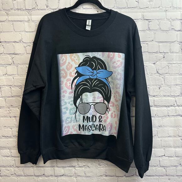 Mud & Mascara Black Crewneck Sweatshirt Bun Sunglasses Leopard Print SxS ORV - Picture 1 of 4